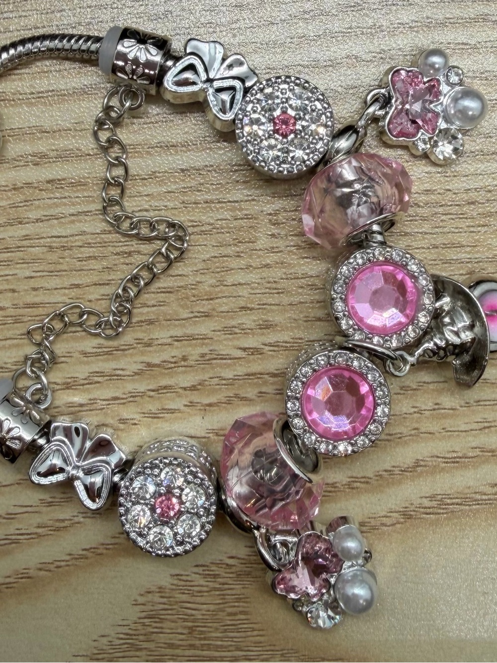 Silver Bracelet with Pink Crystal Charms